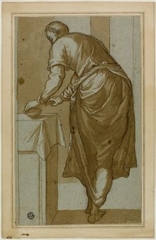 Standing Man Seen From Behind Cutting Bread, n.d. Creator: Unknown