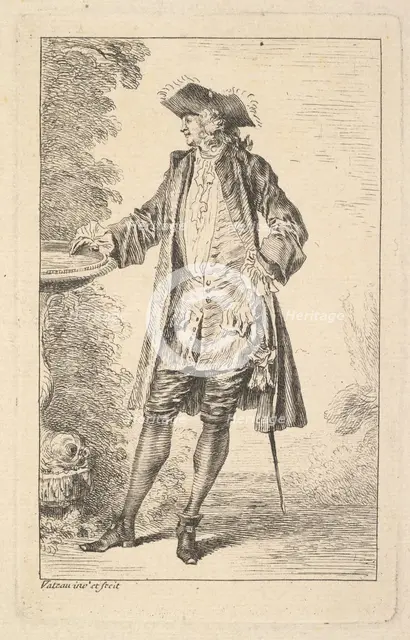 Standing man with his right hand resting on a basin, shown in three-quarters view with..., ca. 1710. Creator: Jean-Antoine Watteau.