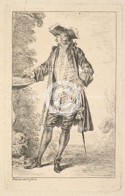 Standing man with his right hand resting on a basin, shown in three-quarters view with..., ca. 1710. Creator: Jean-Antoine Watteau.