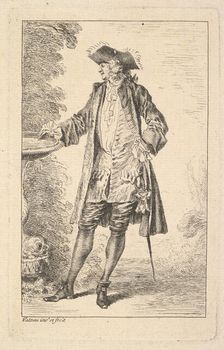 Standing man with his right hand resting on a basin, shown in three-quarters view with..., ca. 1710. Creator: Jean-Antoine Watteau