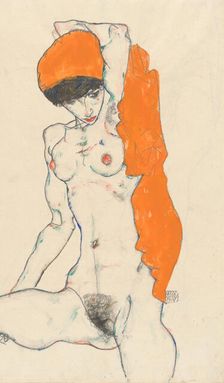 Standing Nude with Orange Drapery (recto): Study of Nude with Arms Raised (verso), 1914. Creator: Egon Schiele