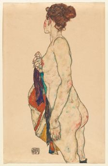 Standing Nude with a Patterned Robe, 1917. Creator: Egon Schiele