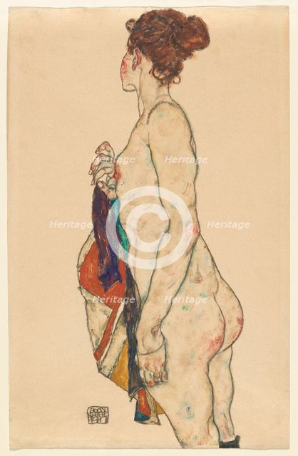 Standing Nude with a Patterned Robe, 1917. Creator: Egon Schiele.