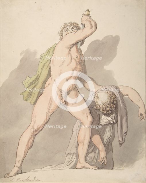 Standing Nude Man Supporting Fainting Female (Ludovisi Gaul in the Uffizi), 1780-1827. Creator: Thomas Rowlandson.