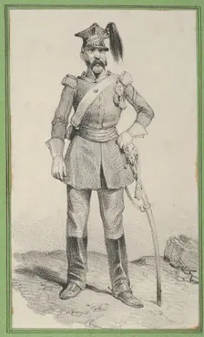 Standing soldier with his hand on the helm of his sword, mid-19th century. Creator: Victor Adam