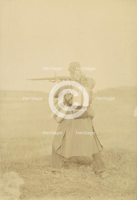 [Standing Soldier Aiming Rifle], 1880s-90s. Creator: Unknown.