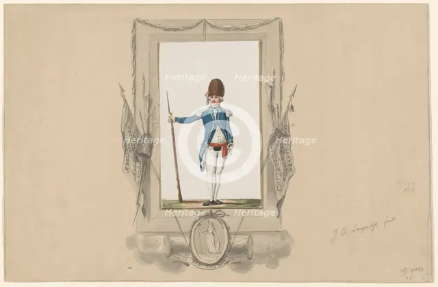 Standing soldier in ornamental frame, 1790-1818. Creator: Jan Antony Langendijk.