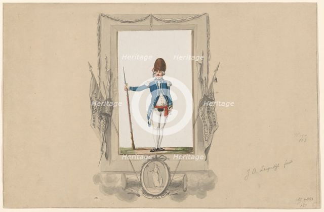 Standing soldier in ornamental frame, 1790-1818. Creator: Jan Antony Langendijk.