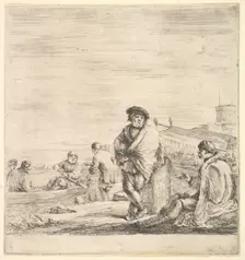 Standing sailor in center talking to a seated Levantine man to left, seen in profil..., ca. 1658-63. Creator: Stefano della Bella