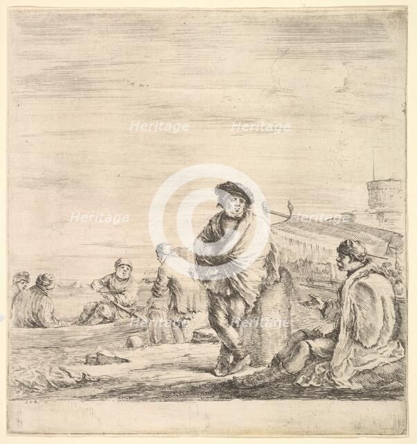 Standing sailor in center talking to a seated Levantine man to left, seen in profil..., ca. 1658-63. Creator: Stefano della Bella.