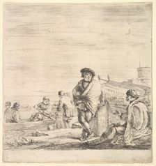 Standing sailor in center talking to a seated Levantine man to left, seen in profil..., ca. 1658-63. Creator: Stefano della Bella