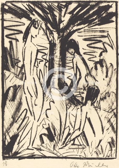 Standing, Sitting, and Bathing Girls near a Tree (Stehende, sitzendes und badendes...), 1920/1921. Creator: Otto Mueller.