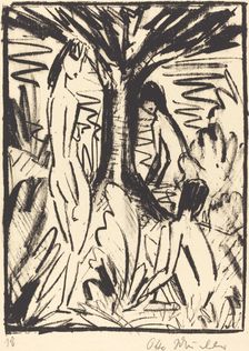 Standing, Sitting, and Bathing Girls near a Tree (Stehende, sitzendes und badendes...), 1920/1921. Creator: Otto Mueller