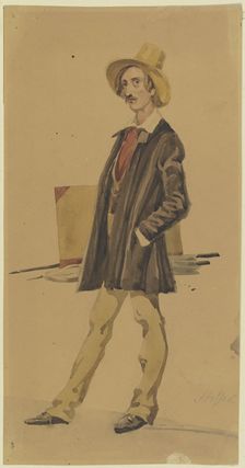 Standing painter with painting equipment (brushes, portfolio, umbrella), 19th century. Creator: Carl Constantin Heinrich Steffeck