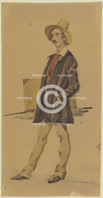 Standing painter with painting equipment (brushes, portfolio, umbrella), 19th century. Creator: Carl Constantin Heinrich Steffeck.