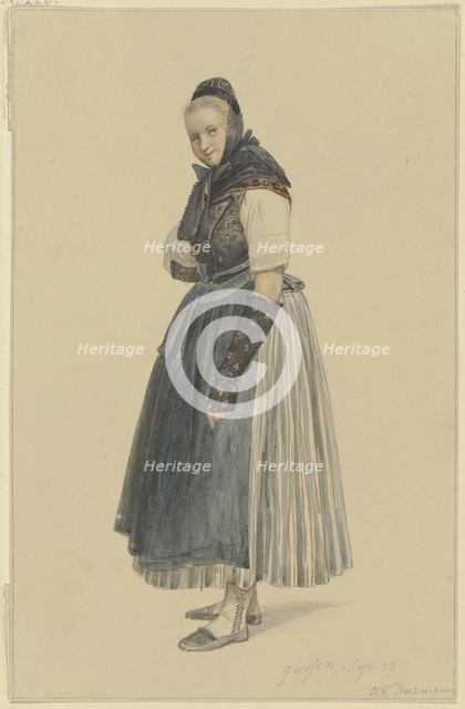 Standing peasant woman facing left, 1837. Creator: Jakob Dielmann.