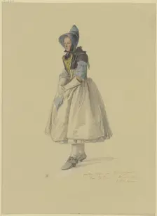 Standing peasant woman in her Sunday best facing left, (Matlies Stam from Willingshausen..., 1841. Creator: Jakob Dielmann