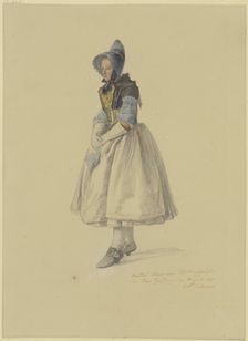Standing peasant woman in her Sunday best facing left, (Matlies Stam from Willingshausen..., 1841. Creator: Jakob Dielmann