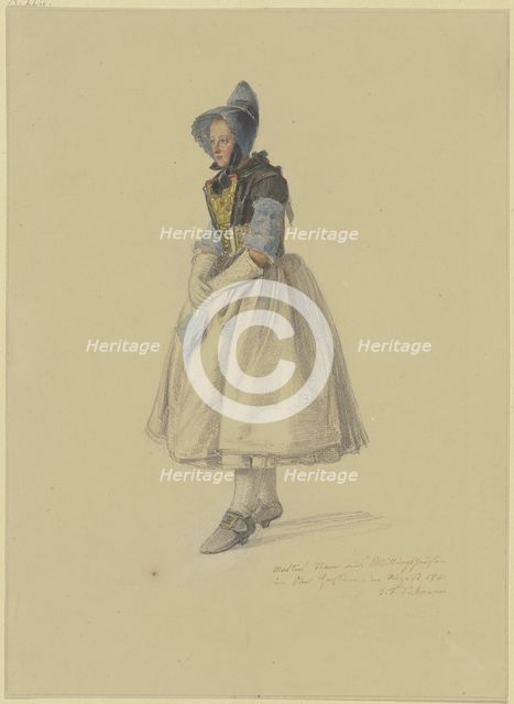 Standing peasant woman in her Sunday best facing left, (Matlies Stam from Willingshausen..., 1841. Creator: Jakob Dielmann.
