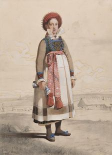 Standing woman in full figure with white apron and woven ribbons, 1810-1857. Creator: Otto Wallgren