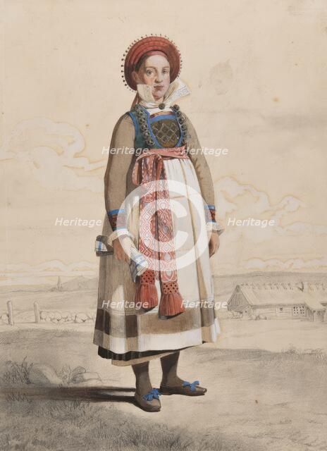 Standing woman in full figure with white apron and woven ribbons, 1810-1857.  Creator: Otto Wallgren.