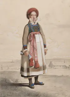 Standing woman in full figure with white apron and woven ribbons, 1810-1857. Creator: Otto Wallgren