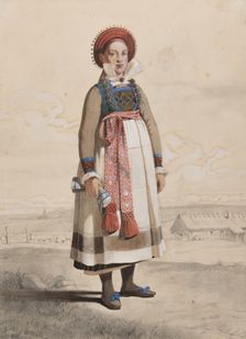 Standing woman in full figure with white apron and woven ribbons, 1810-1857. Creator: Otto Wallgren