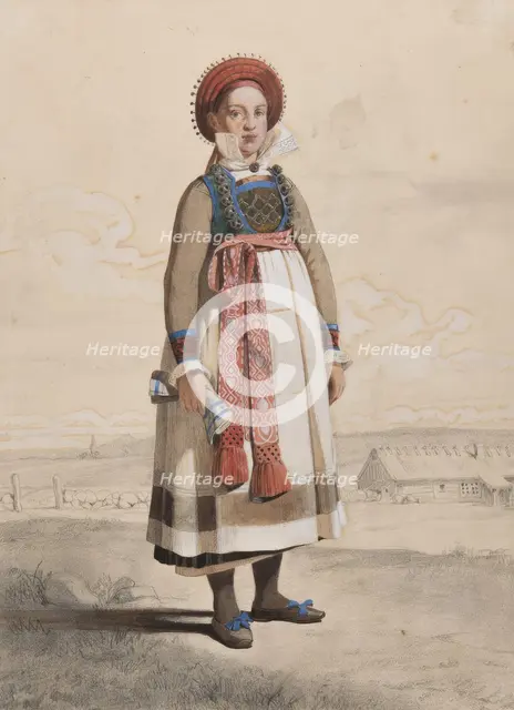 Standing woman in full figure with white apron and woven ribbons, 1810-1857.  Creator: Otto Wallgren.