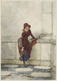 Standing young woman, leaning against wall, 1869-1892. Creator: Pieter Haaxman