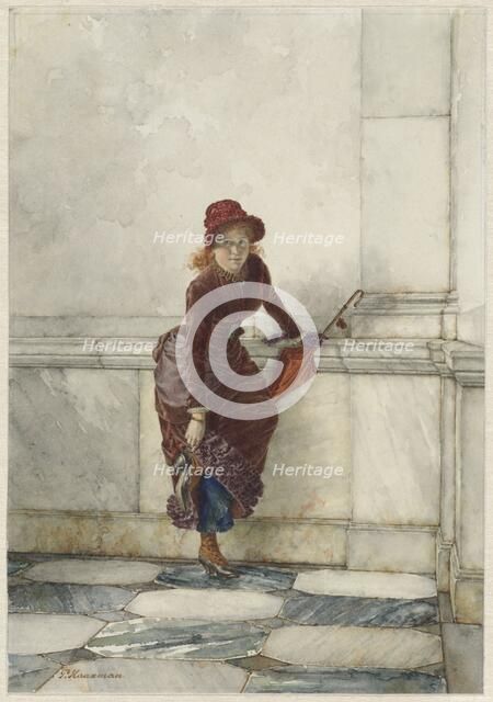 Standing young woman, leaning against wall, 1869-1892. Creator: Pieter Haaxman.