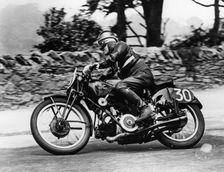Stanley Woods on a 498cc Moto Guzzi bike, Isle of Man Senior TT, 1935
