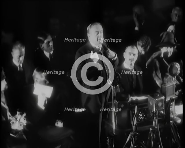Stanley Baldwin Giving a Speech in Front of a Large Crowd, 1931. Creator: British Pathe Ltd.