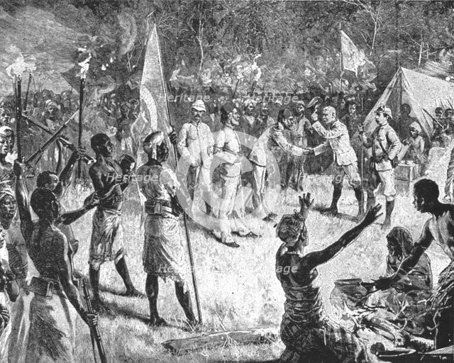 'Stanley's...Meeting with Emin Pasha, April 29, 1888, at Kavalli...', (1901).  Creator: Unknown.