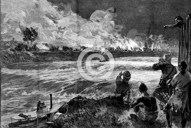 Stanley’s Emin Pasha Relief Expedition: Arabs raiding a native village on the Aruwimi..., 1890. Creator: William Heysham Overend.