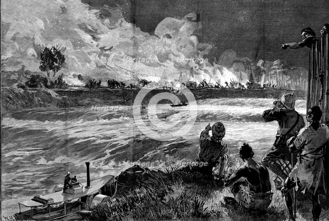 Stanley’s Emin Pasha Relief Expedition: Arabs raiding a native village on the Aruwimi..., 1890. Creator: William Heysham Overend.