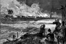 Stanley’s Emin Pasha Relief Expedition: Arabs raiding a native village on the Aruwimi..., 1890. Creator: William Heysham Overend