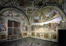 Stanza della Segnatura in the Vatican, view of the frescoes The dispute of the Sacrament and J…