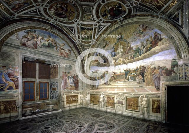Stanza della Segnatura in the Vatican, view of the frescoes 'The dispute of the Sacrament' and 'J…