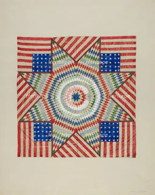 Star and Flag Design Quilt, c. 1941. Creator: Fred Hassebrock.