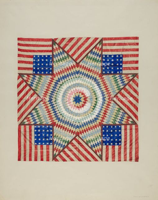 Star and Flag Design Quilt, c. 1941. Creator: Fred Hassebrock.