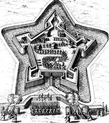 Star Fort defended by a moat coming under siege, 1617-1619