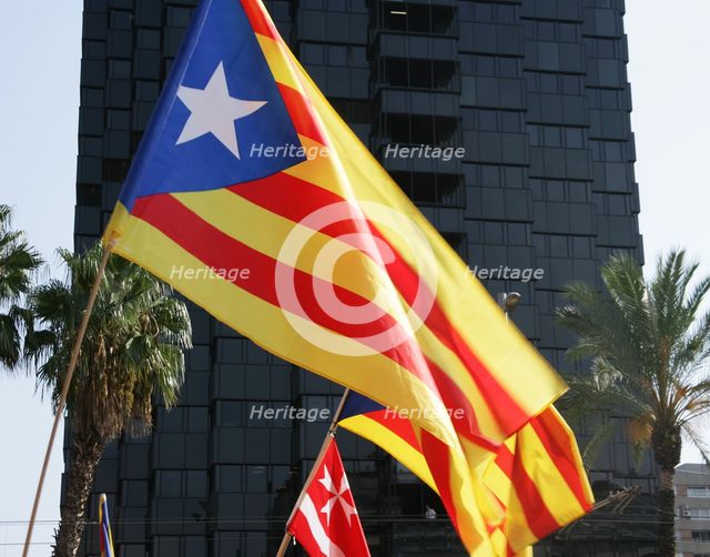 Starred flag (Estelada), National Day of Catalonia,  Barcelona, 11-09-2014.  Creator: LTL.