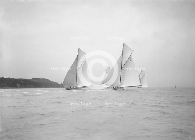 Start of Cowes to Weymouth Race, 'Ostara', 'Mariska', 'Corona' & 'Octavia' run downwind, 1911. Creator: Kirk & Sons of Cowes.