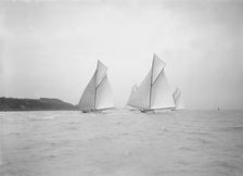 Start of Cowes to Weymouth Race, Ostara Mariska Corona & Octavia run downwind, 1911. Creator: Kirk & Sons of Cowes