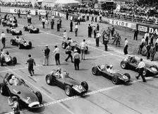 Starting grid,1958 British Grand Prix at Silverstone, Hawthorn in Ferrari number 1. Creator: Unknown