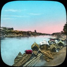 State barge opposite a Maharajah's palace, India, late 19th or early 20th century