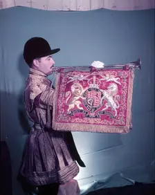 State trumpeter with ER cypher on banner, side view, London, c1953. Creator: Arthur Charles Kirby Ware