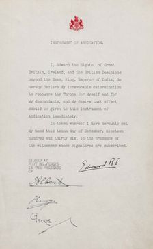 Statement of Abdication from Edward VIII, 10 Dec 1936. Creator: Unknown