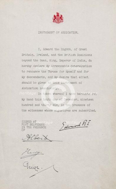 Statement of Abdication from Edward VIII, 10 Dec 1936.  Creator: Unknown.