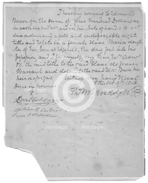 State's conveyance of $500 to Edmund Bacon for slave, Maria, 1818-10-09. Creator: Unknown.